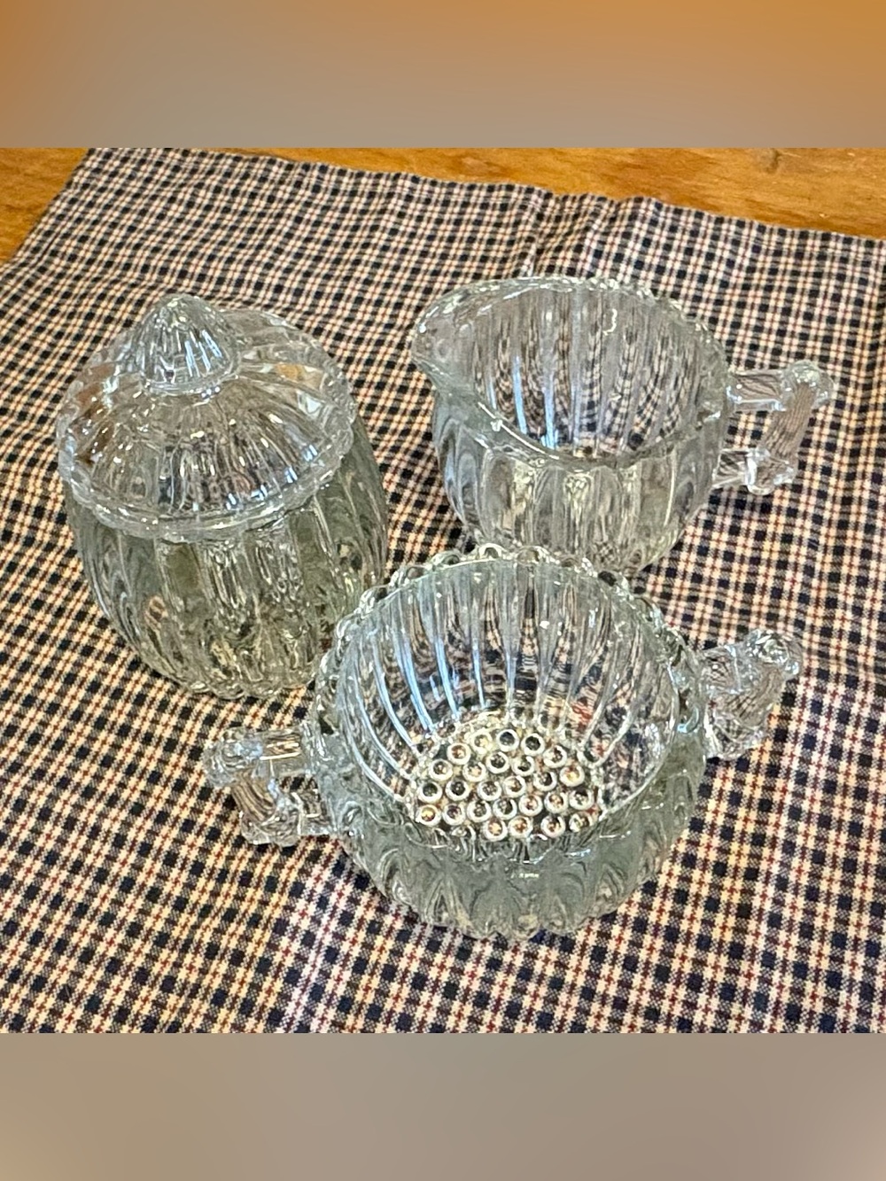 Vintage Jeannette Glass National Clear 3 Pc Set Creamer Sugar Jar